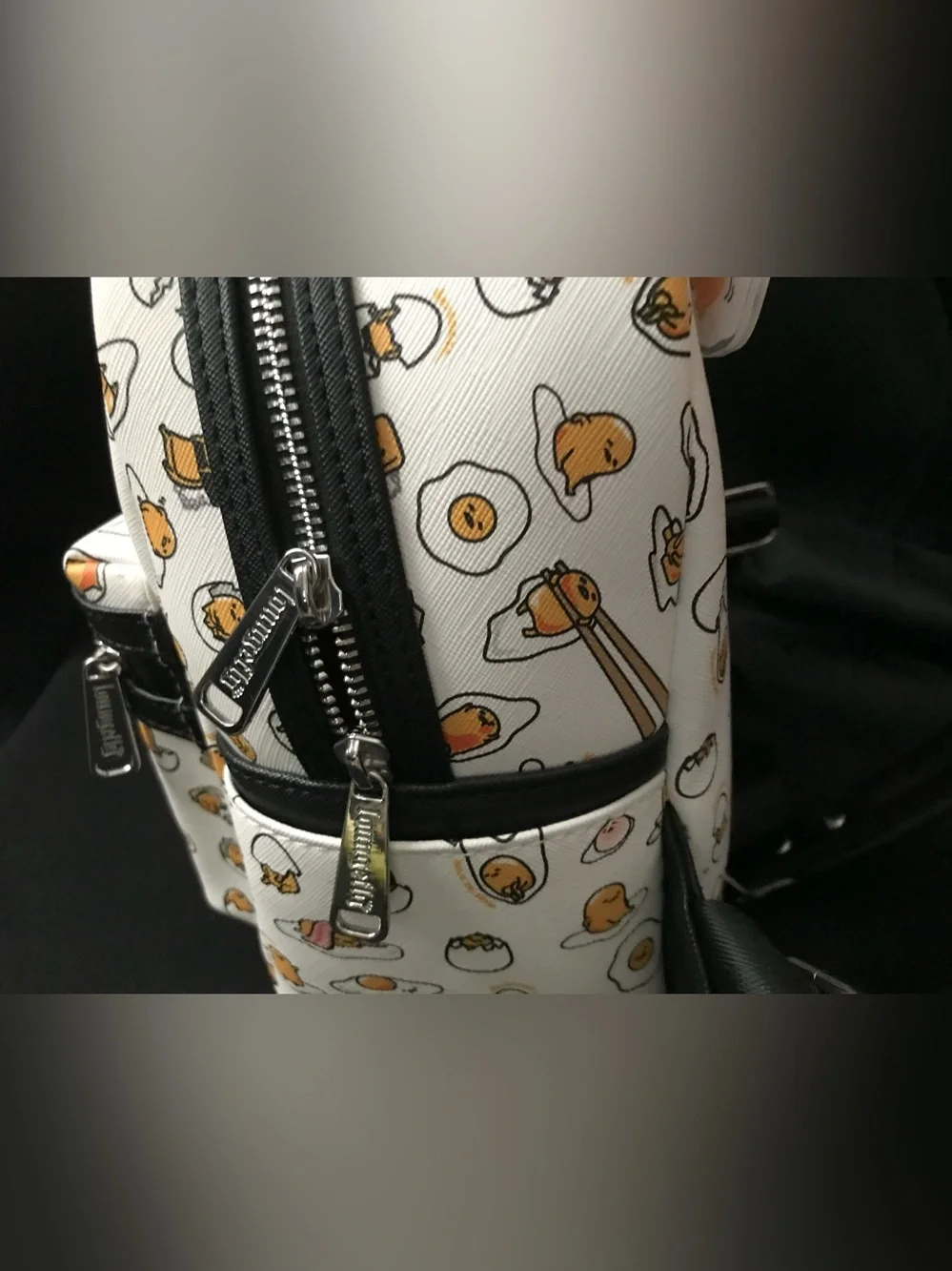 Loungefly White Gudetama Pattern Mini Backpack with Black Trim NWOT